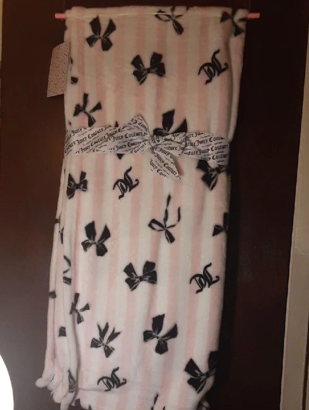 Juicy Couture striped white and pink blanket with black bows